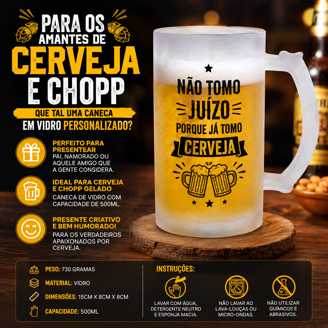 Caneca de chopp de vidro jateado